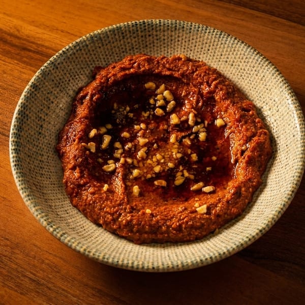 A rustic bowl of red muhammara dip, drizzled with olive oil and topped with chopped nuts.