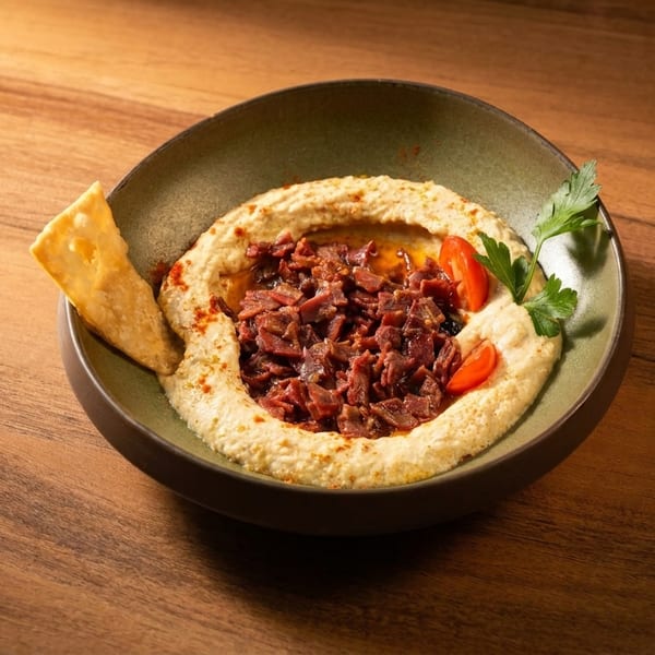 Hummus topped with chopped meat, cherry tomatoes, parsley, and a pita chip in a green bowl.