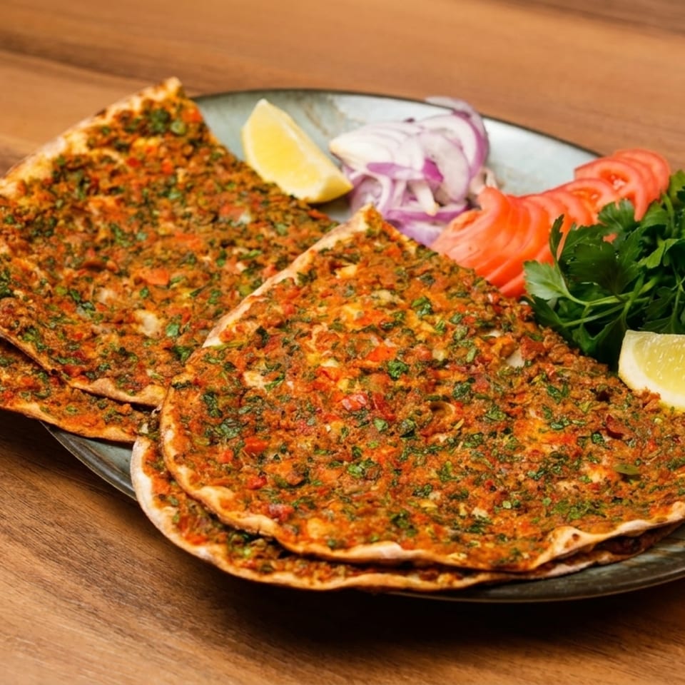Three Lahmacun flatbreads with minced meat and herbs, garnished with lemon, tomatoes, onions, and parsley.